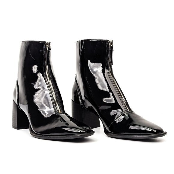 Open Edit Women Chloe Faux Patent Leather Retro Square Toe Ankle Boots sz 11 - Picture 1 of 7